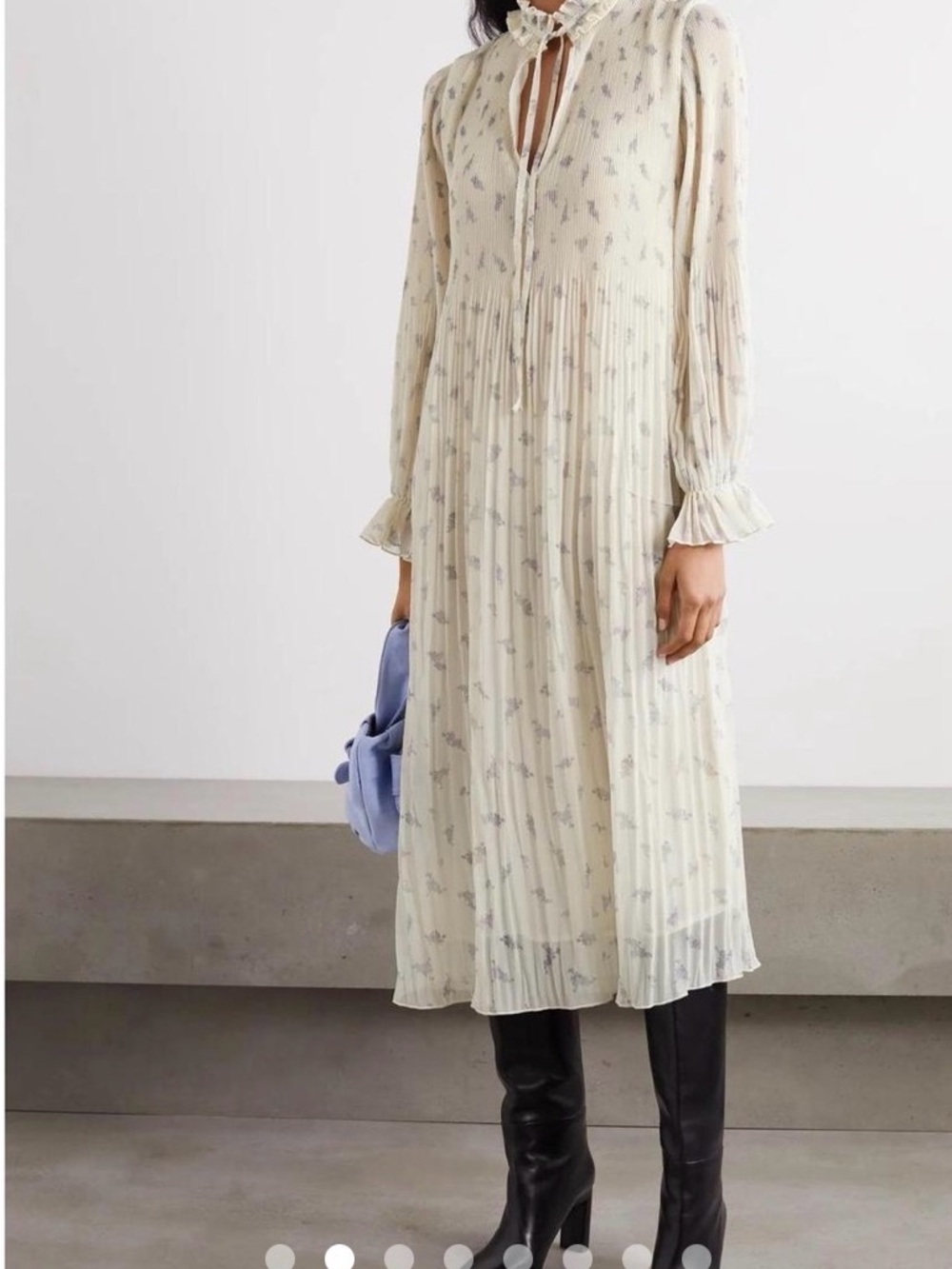 Ganni Cream Floral Tie-Neck Pleated Midi Dress - Picture 3 of 9